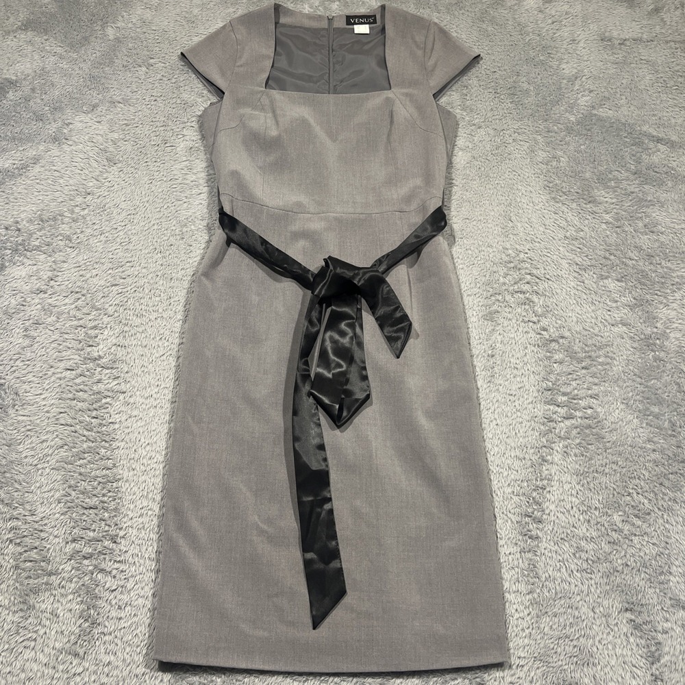 Venus Pencil Dress Gray Black Belt Back Zipper Square Neck Career Women's 4